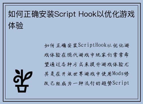 如何正确安装Script Hook以优化游戏体验